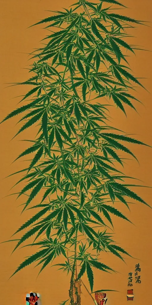 Image similar to A modern fine-art Chinese shanshui painting of cannabis tree with dank buds ready to harvest, full of amber trichome