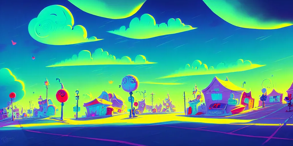 Prompt: curved perspective digital art of a clowdy summer small town street, curvy clouds, from nightmare before christmas by anton fadeev