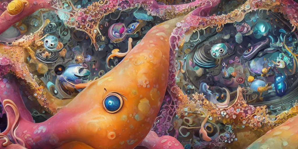 Image similar to of an intricate deep sea with strange cute friendly happy creatures with huge eyes, long tongue, round teeth and goofy funny face, appearing from the background, in the style of gehry and gaudi, macro lens, shallow depth of field, ultra detailed, digital painting, trending artstation, concept art, illustration, cinematic lighting, photorealism, epic, octane render