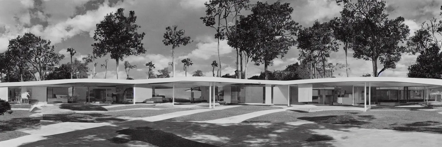 Prompt: midcentury architecture. wide shot. imagined by ken adam.