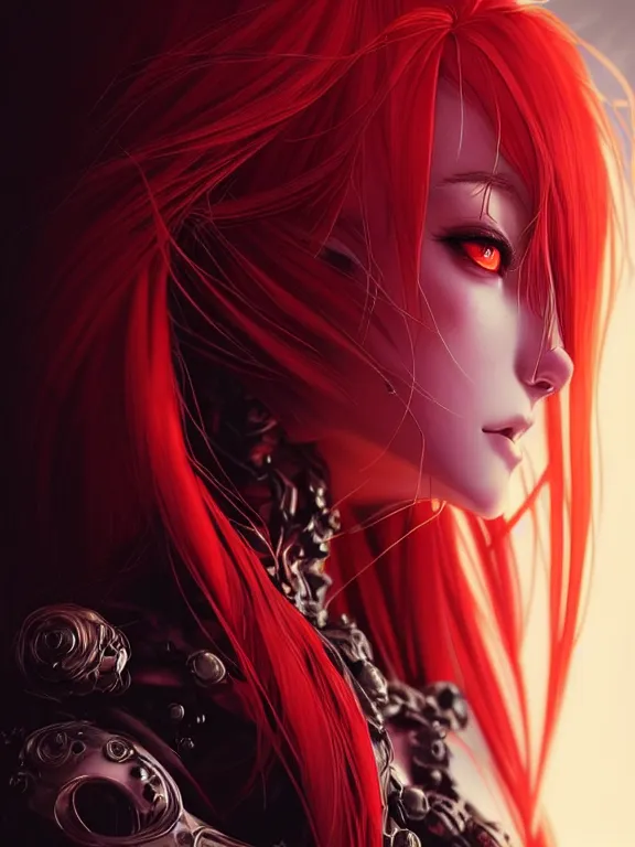 Image similar to close up picture of a red witch with exoskeleton, bored, coveted, beautiful and aesthetic, intricate, unreal engine, messy hair, highly detailed, detailed face, smooth, sharp focus, chiaroscuro, manga illustration, artgerm, greg rutkowski, ilya kuvshinov, rossdraws, alphonse mucha, young adult light novel cover art