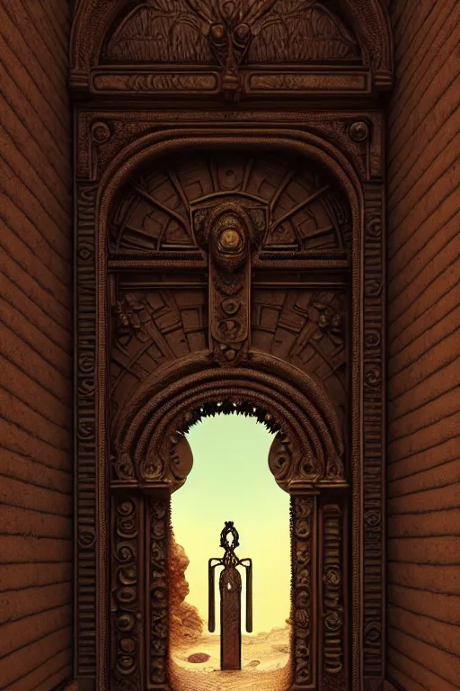 Image similar to ornate doorway leading to a dead god in a desert lush vegetation, warm tones, night, water reflection : : by michal karcz, daniel merriam, victo ngai and guillermo del toro : : ornate, dynamic, particulate, intricate, elegant, highly detailed, centered, artstation, smooth, sharp focus, octane render, 3 d