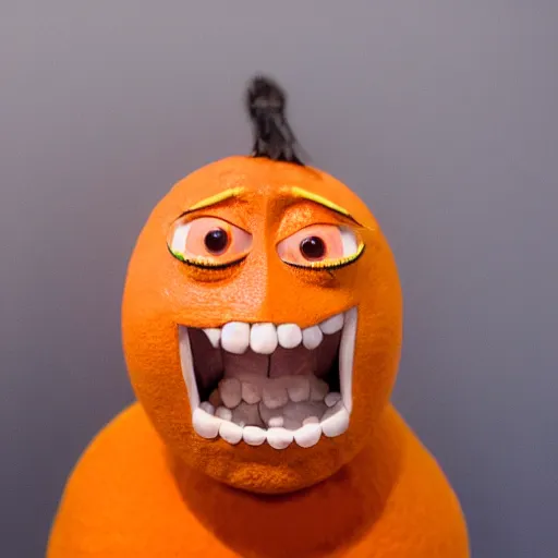 Image similar to a taxidermized annoying orange, in a museum, 8 5 mm lens, 7 0 mm entrance pupil diameter