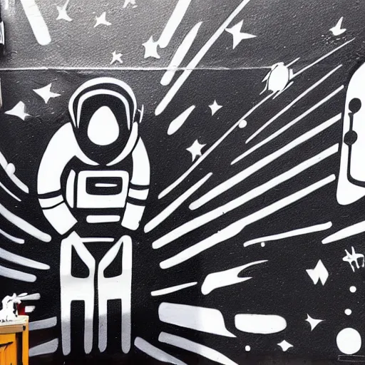 Image similar to mural of an astronaut exploring deep space, rocket in the background, laser beams, black and white paint, stencil art, abstract, cyberpunk, painted on a giant wall