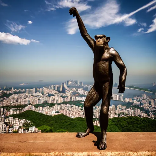 Image similar to high quality portrait of a monkey in front of Christ The Redeemer, studio photograph, photograph, realistic photo, 8k photo, 4k photo, stock photo, high resolution, cinematic shot, high detail