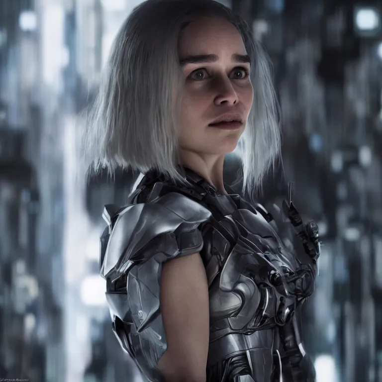 Prompt: scifi emilia clarke looks like ghost in the shell, extremely high detail, smiling woman, cyborg, photorealism, sony a 7 r