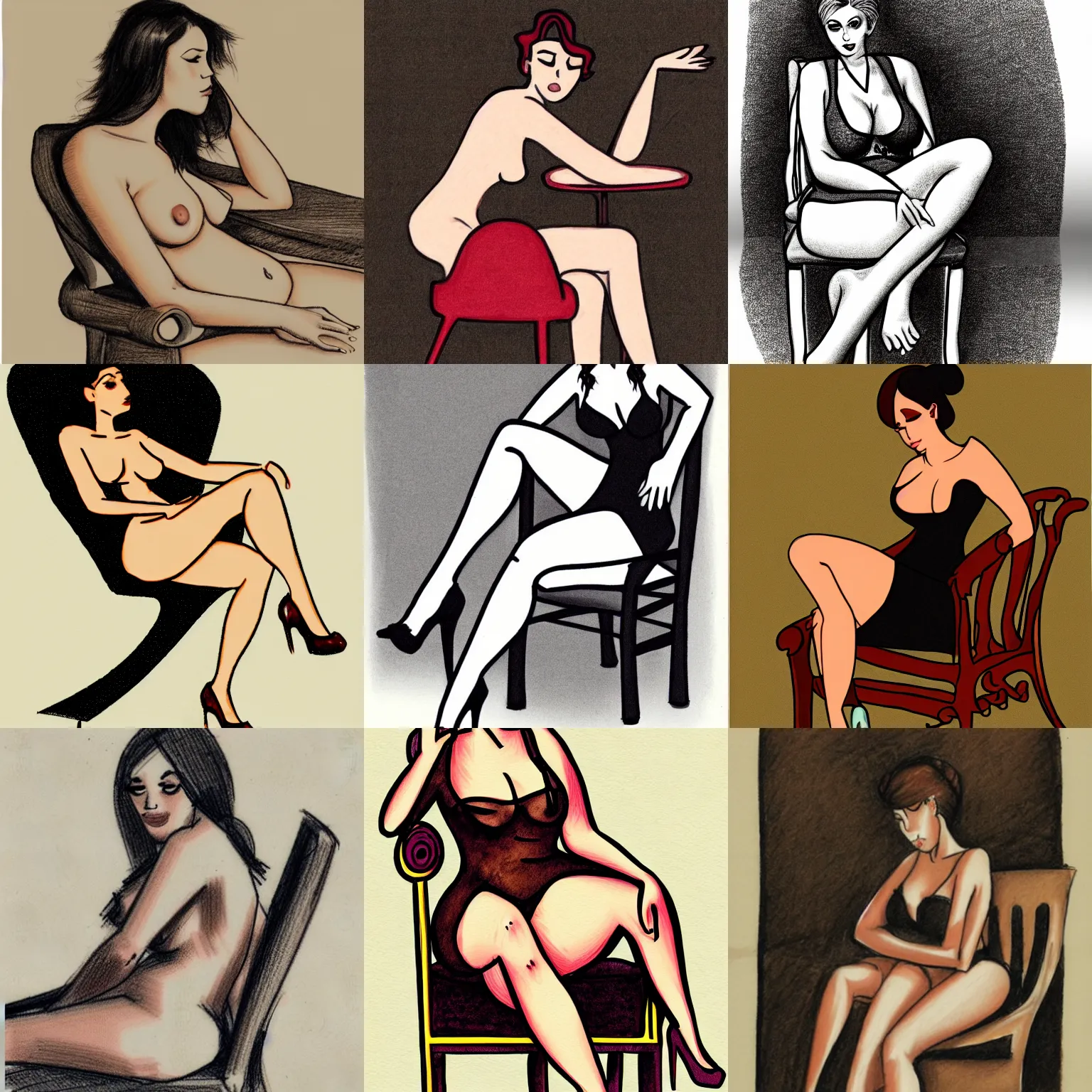 Prompt: seductive woman sitting in a chair. drawn by the god of artists