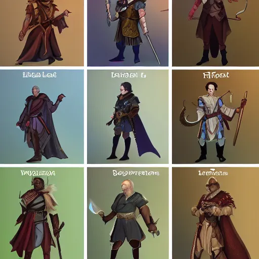 Prompt: concept art for the 1 2 dnd character classes. each in its own square