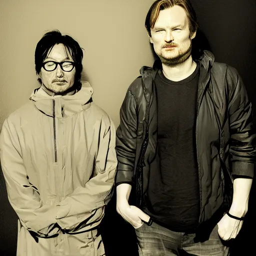 Prompt: Hideo Kojima and Christopher Nolan as Jesse Pinkman and Walter White matte paint portrait