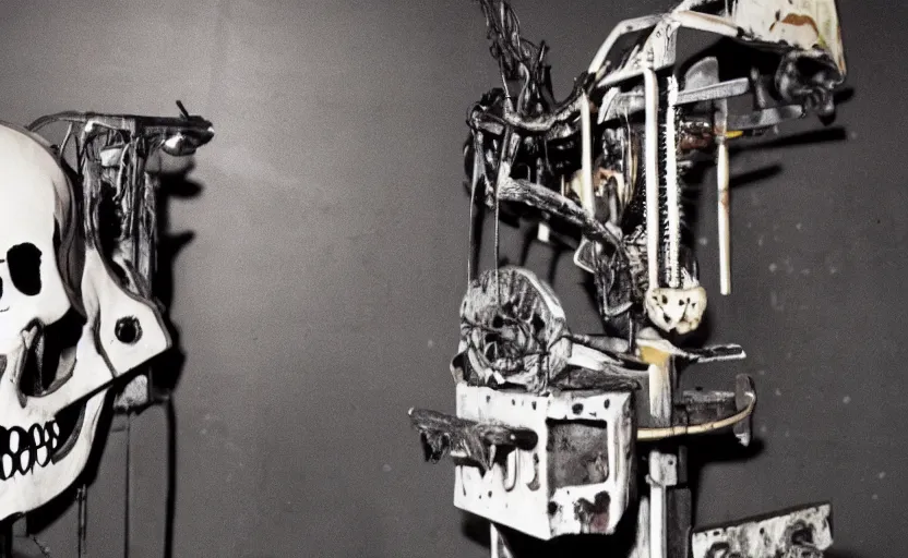 Prompt: photograph of a basquiat skull machine