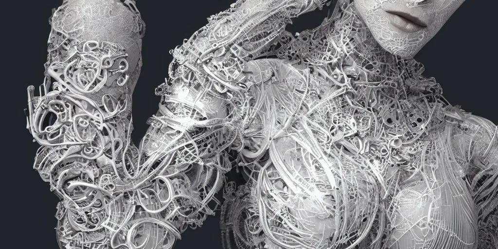 Image similar to hyper realistic photography of a stunningly beautiful cyborg female, plated arm, intimate, chest, holding close, ribbons, in the style of beth cavener, jin kagetsu,, and wlop, highly detailed, intricate filigree, symmetry, masterpiece, award winning, sharp focus, concept art, highkey lighting, ambient lighting, octane render, 8 k, artstation