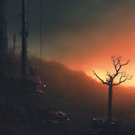 Image similar to a dark foreboding landscape where one single tree grows, amidst broken metal machines, with the sky on fire. Gustave Dore, ponyo and artrift, trending on artstation, cyberpunk, CGSociety, hyperealism, extremely detailed landscape art, 3d render, 4k hd, depth of field, super high def, IMAX.