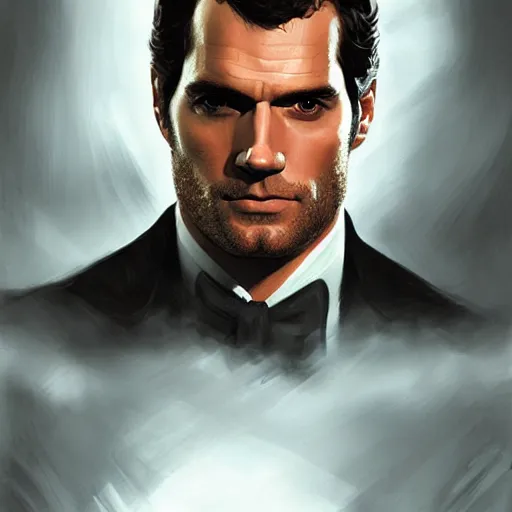 Prompt: henry cavill as james bond, portrait, highly detailed, digital painting, artstation, concept art, sharp focus, illustration, art by artgerm and greg rutkowski and alphonse mucha