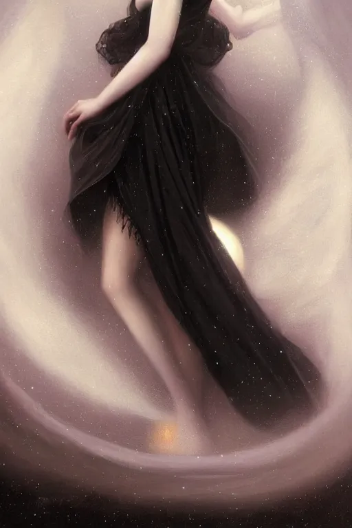 Image similar to Nocturne, glowing, stars, a long-legged elegant evil woman, long black hair, pearl amulet, highly detailed, mysterious, ethereal, dressed in black velvet, haute couture, illustration, dramatic lighting, soft details, painting, by Edmund Blair Leighton, Brom, Charlie Bowater, trending on artstation, faces by otto schmidt