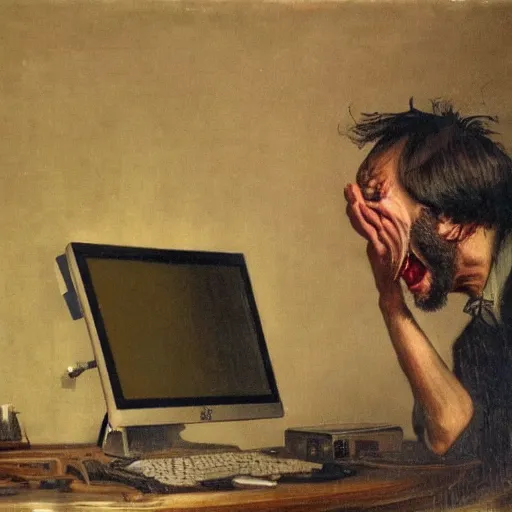 Image similar to an angry man screams at his computer monitor, oil on canvas, 1 8 8 3, highly detailed