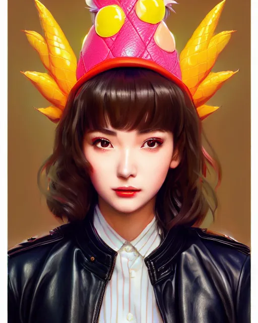 Image similar to pineapple girl wearing a candy hat and leather jacket, fine detail!! anime!! realistic shaded lighting!!, kim hyun joo, digital painting by ilya kuvshinov, magali villeneuve, artgerm, jeremy lipkin and michael garmash and rob rey