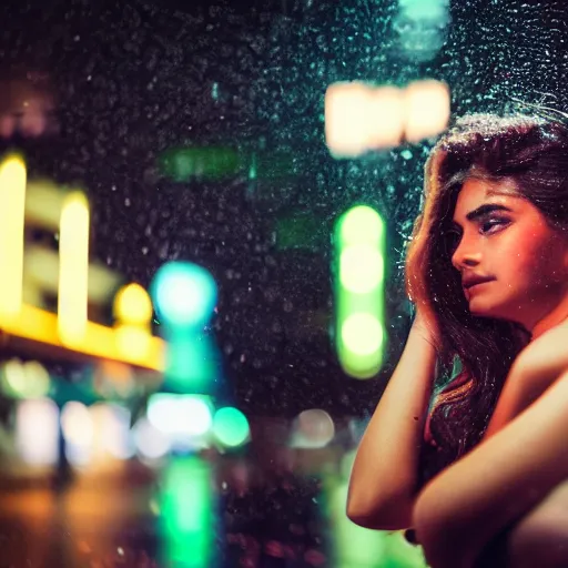 Image similar to award winning portrait photo of a pretty young woman gazing into the distance longingly, she is in the rain at night surrounded by neon lights, realistic, bokeh, 5 0 mm, f 1. 8