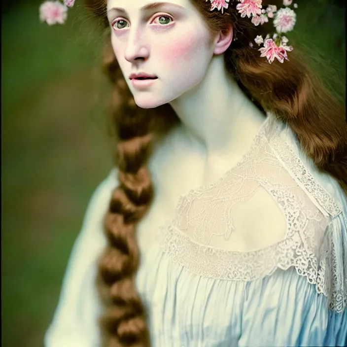 Prompt: Kodak Portra 400, 8K, soft light, volumetric lighting, highly detailed, britt marling style 3/4 ,portrait photo of a beautiful woman how pre-Raphaelites painter, a beautiful lace dress and detailed flowers adorning her hair, white pearls on her beautiful face, Realistic, Refined, Highly Detailed, natural outdoor soft pastel lighting colors scheme, outdoor fine art photography, Hyper realistic, photo realistic