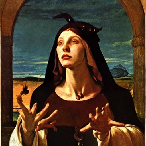 Image similar to portrait of beautyful witch circe in the odyssey, art by petrus christus, caravaggio, leonardo da vinci