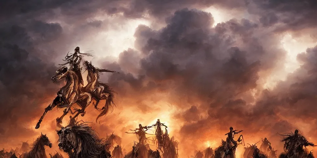 Image similar to ”five horsemen of the apocalypse riding skeleton horses towards the camera and holding up empty signs, [epic, cinematic, scary, intimidating, horror, war, battle, hell, storm clouds, lightning, octane render, 8k, mattepainting, art by wlop and paul lehr and greg rutkowski]”