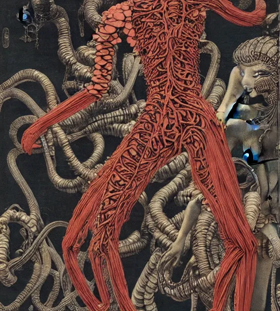 Prompt: still frame from Prometheus by giger by utagawa kuniyoshi, crimson filament mycelium cowered cybernetic harvest goddess in dress by Neri Oxman and alexander McQueen, metal couture haute couture editorial