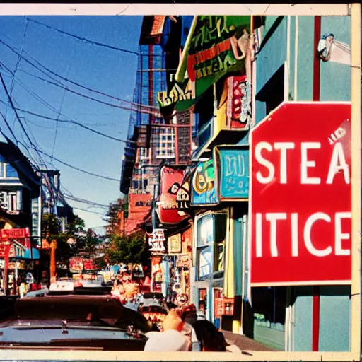 Image similar to award winning photo by fred herzog of a street in vancouver, shops, signs