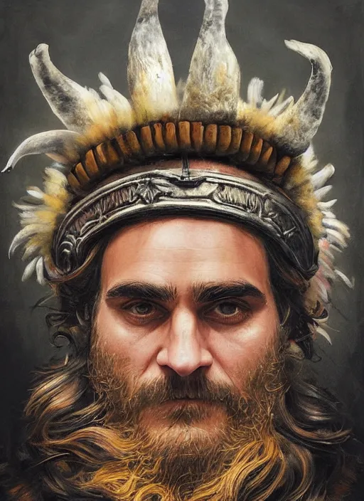 Prompt: a hyper detailed painting of joaquin phoenix with a viking crown, cow horns, pig nose, sheep wool, chicken feather armor, horror, by anna podedworna, by miklos ligeti, by diego maricato, by taran fiddler, by antonino truisi, by chris reddie, by jinsung lim, trending on artstation