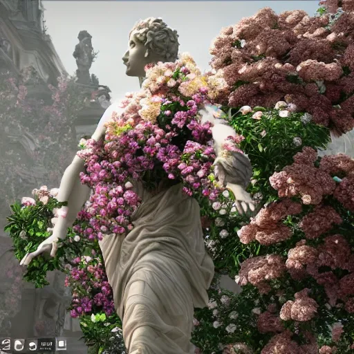 Image similar to a marble statue covered in flowers, full frame, cinematic light, 8k, hyper detailed , unreal engine,