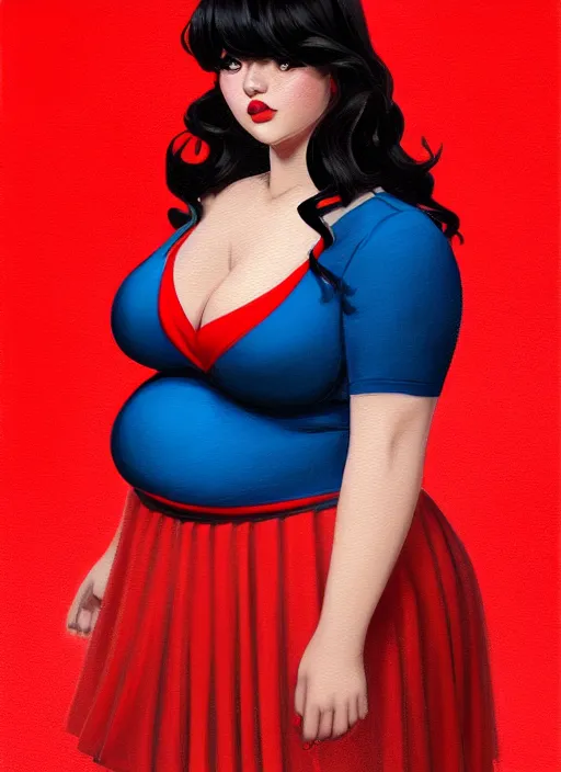 Image similar to full body portrait of teenage veronica lodge, obese, bangs, sultry, realistic, sultry smirk, wavy hair, red skirt, fat, belly, intricate, elegant, glowing lights, highly detailed, digital painting, artstation, concept art, smooth, sharp focus, illustration, art by wlop, mars ravelo and greg rutkowski