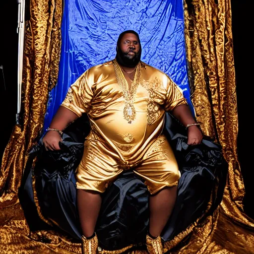 Image similar to Large black man sitting on throne wrapped in silk, background made of large folding curtains, blacklight lighting, dark, hyper detailed, hyper realistic, 8K phot realistic,