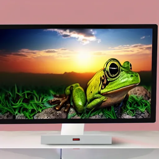 Image similar to frog on a beuatifull hill watching a sinset as he sits behind a computer, photorealistic