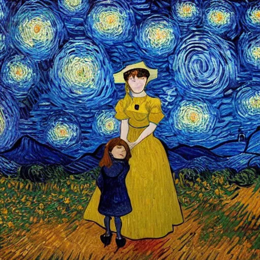 Prompt: girl with an umbrella girl. a walk inside a van gogh painting is a starry night. inside the painting. see everything from the inside. clearly detailed. dramatic
