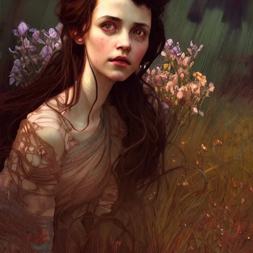 Prompt: portrait of a welsh girl with brown hair, glowing skin, delicate features, amelie poulain, fantasy, intricate, elegant, highly detailed, digital painting, artstation, concept art, smooth, sharp focus, illustration, art by Krenz Cushart and Artem Demura and alphonse mucha