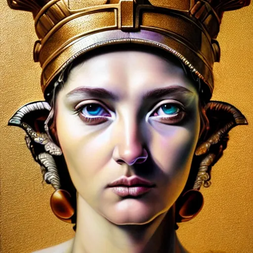 Image similar to hyperrealistic mixed media painting of beautiful goddess Athena, stunning 3d render inspired art by P. Craig Russell and Barry Windsor-Smith, perfect facial symmetry, dim volumetric lighting, 8k octane beautifully detailed render, post-processing, portrait, extremely hyper-detailed, intricate, epic composition, brown eyes, highly detailed eyes, realistic eyes, cinematic lighting, masterpiece, trending on artstation, very very detailed, masterpiece, stunning