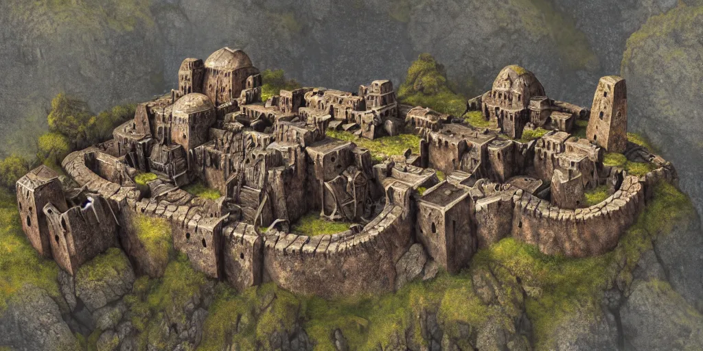 Image similar to aerial view of a dwarven fortress at the edge of a mountain range, as a matte oil painting, photorealistic, landscape, medieval fantasy, epic, smelters, forges, waterwheels, chiseled architecture, ornate, intricate, trading depots, extremely detailed, sharp focus