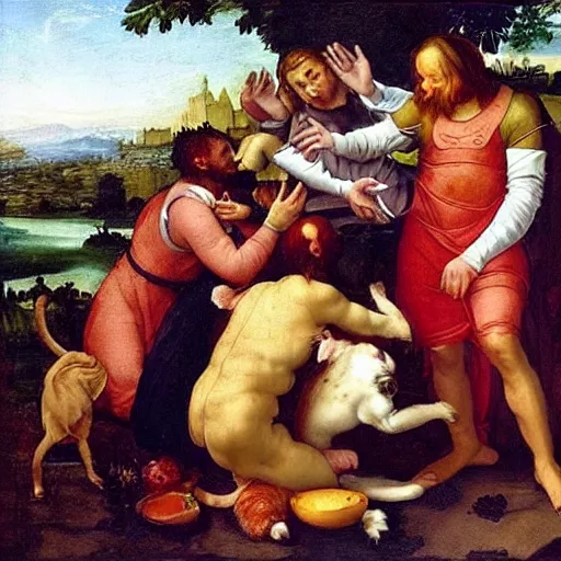 Prompt: renaissance painting, cats eating human flesh