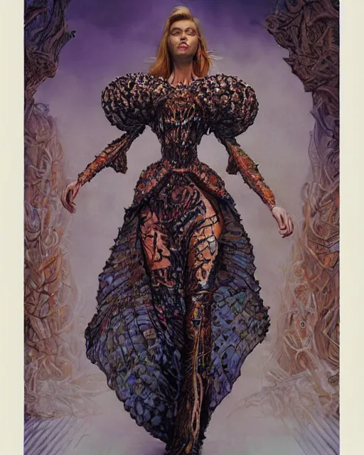 Image similar to fashion model walking down a catwalk, elaborate dress by alexander mcqueen, art by michael whelan and chris moore and howard david johnson and tim white and dan giancola