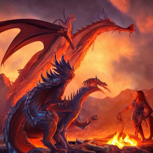 Image similar to power metal album cover, dragons bbq near campfire, fire, magic, fantasy epic legends game icon stylized digital illustration radiating a glowing aura global illumination ray tracing hdr fanart arstation by ian pesty and katarzyna da „ bek - chmiel