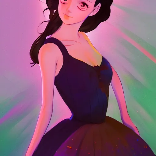 Image similar to portrait of a beautiful girl with dark hair dressed as a ballerina, standing on a ball, rich vivid colors, ambient lighting, dynamic lighting, 4 k, hq, official media, anime key visual, makoto shinkai, ilya kuvshinov, lois van baarle, rossdraws, detailed, trending on artstation