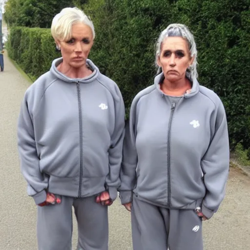 Prompt: poor lower class middle aged wife, short gray blond hair, grumpy face, chav, wearing an old grey track suit, eye shadow