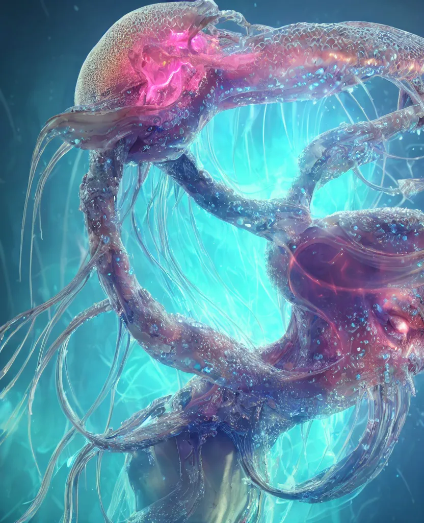 Image similar to close-up macro portrait of the face of a beautiful princess, epic angle and pose, symmetrical artwork, 3d with depth of field, blurred background, cybernetic jellyfish female face skull phoenix bird, translucent, nautilus, energy flows of water and fire. a highly detailed epic cinematic concept art CG render. made in Maya, Blender and Photoshop, octane render, excellent composition, cinematic dystopian brutalist atmosphere, dynamic dramatic cinematic lighting, aesthetic, very inspirational, arthouse. y Greg Rutkowski, Ilya Kuvshinov, WLOP, Stanley Artgerm Lau, Ruan Jia and Fenghua Zhong