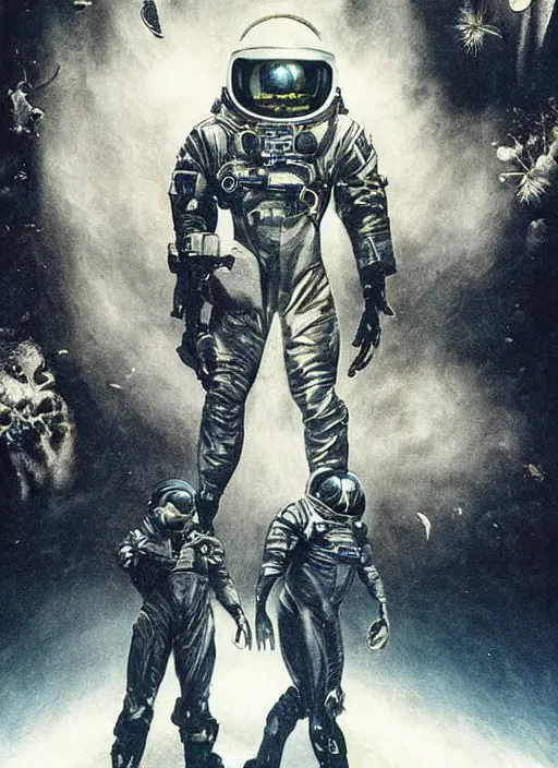 Image similar to astronauts in dark void underwater - complex and hyperdetailed technical suit. reflection and dispersion materials. rays and dispersion of light. volumetric light. f / 3 2. noise film photo. flash photography. ultra realistic, wide angle. poster by wayne barlowe, hajime sorayama aaron horkey, craig mullins