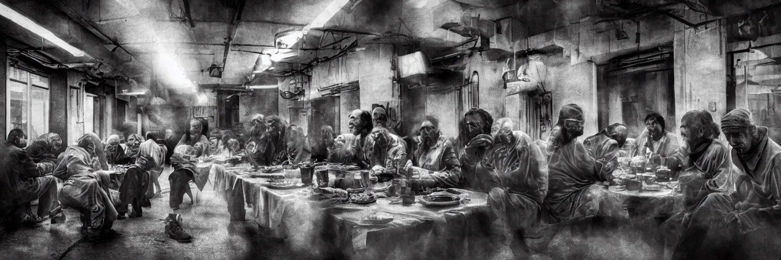 Image similar to Award Winning Editorial wide-angle picture of a Tramps in a new York Soup Kitchen by David Bailey and Lee Jeffries, called 'The Last Supper', 85mm ND 5, perfect lighting, gelatin silver process