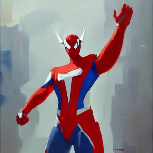 Image similar to greg manchess portrait painting of partially armored ultraman spiderman as overwatch character, medium shot, asymmetrical, profile picture, organic painting, sunny day, matte painting, bold shapes, hard edges, street art, trending on artstation, by huang guangjian, gil elvgren, ruan jia, greg rutkowski, gaston bussiere