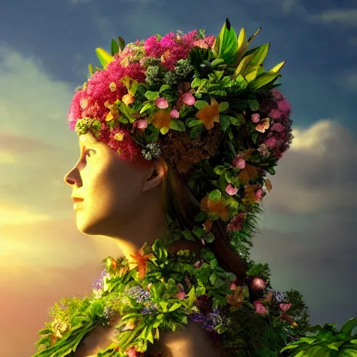 Image similar to Mother Nature with a crown made of flowers towering over a tropical island, Dramatic Lighting, Trending on Artstation HQ, 4K, UHD.