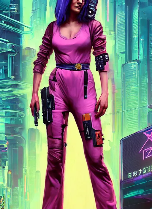 Image similar to cyberpunk woman wearing pink jumpsuit holding belt fed pistol. advertisement for pistol. cyberpunk ad poster by james gurney, azamat khairov, and alphonso mucha. artstationhq. painting with vivid color, cell shading. ( rb 6 s, cyberpunk 2 0 7 7 )