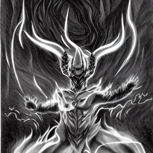 Image similar to full body grayscale drawing by Anato Finnstark of horned demon in heroic pose, swirling flames