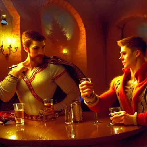 Image similar to hero male mike and hero male tyler, one is ginger and the other brunet, drinking their hearts out, in their noble mansion, at night. highly detailed painting by gaston bussiere, craig mullins, j. c. leyendecker 8 k