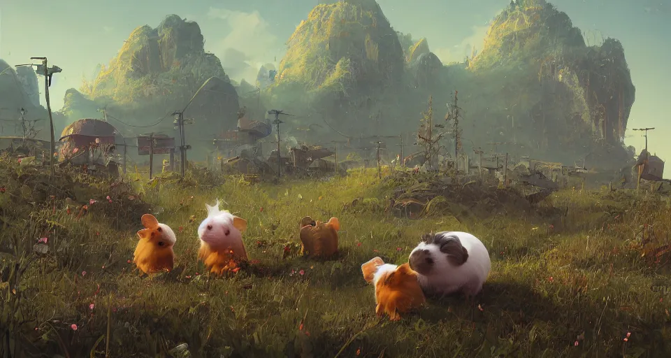 Image similar to a realistic cute guineapigs everywhere, by simon stalenhag, frank frazetta, greg rutkowski, beeple, yoko taro, christian macnevin, beeple, epic fantasy character art, volumetric outdoor lighting, midday, high fantasy, cgsociety, cheerful colours, full length, exquisite detail, post - processing, masterpiece, cinematic