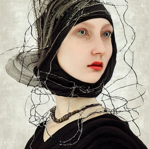 Prompt: a beautiful futuristic portrait with hat made by wires and white gauze twisted around her face, necklace made by wires, design by leonardo davinci, inspired by egon schiele and vermeer, modern art, baroque art jewelry, new classic, hyper realistic, cinematic composition, cinematic lighting, fashion design, concept art, hdri, 4 k -